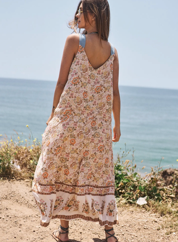 JUST BEACHY Floral Denim Trim Dress
